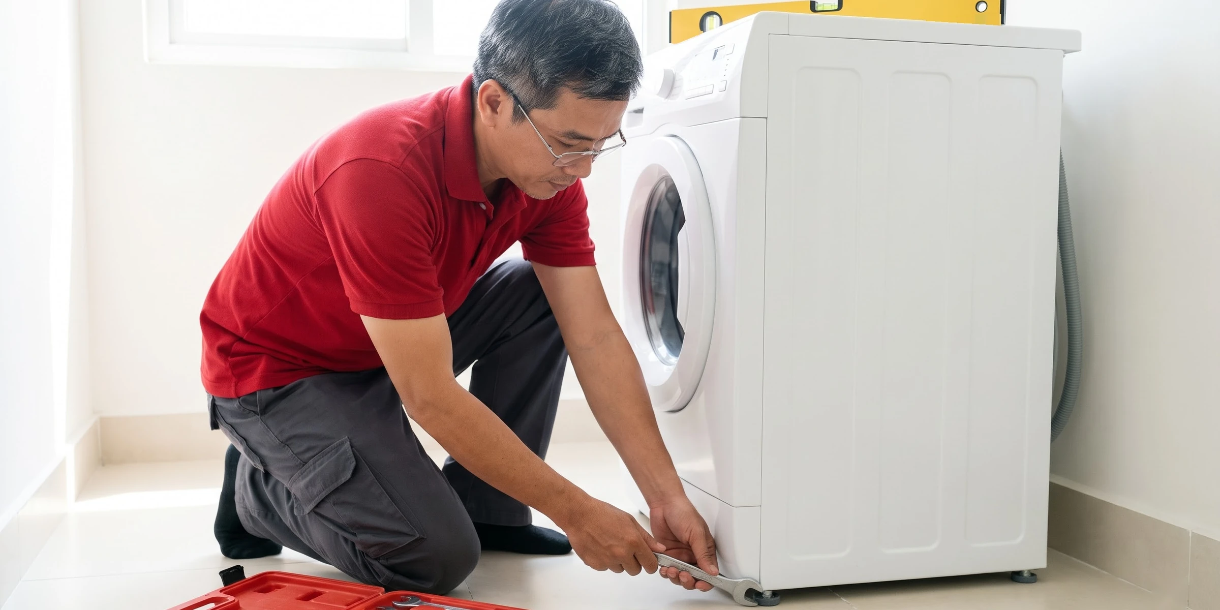 Vặn chân đế máy giặt cửa trước bằng cờ lê, thước thuỷ đặt trên nóc máy