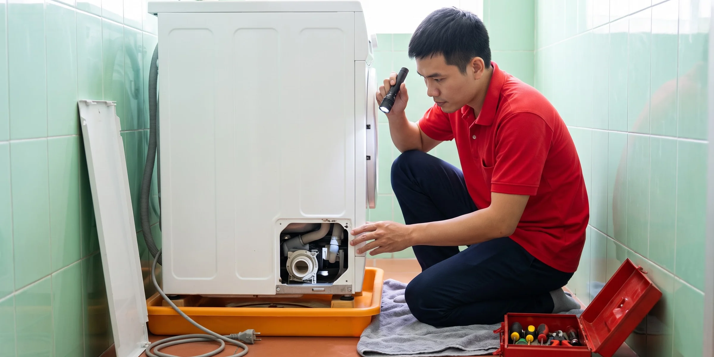 Máy giặt đã rút phích điện, tháo tấm che dưới chân máy; thợ soi đèn pin kiểm tra bơm xả, khay hứng nước đặt bên dưới