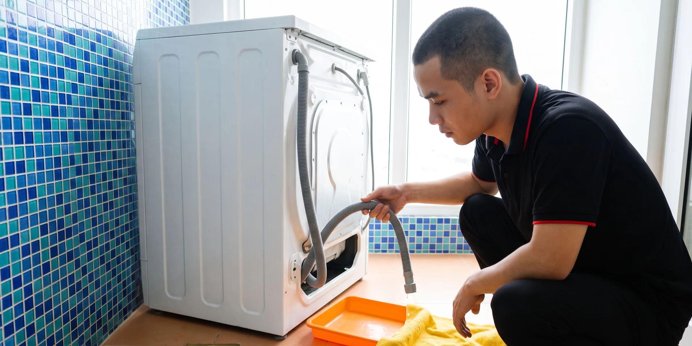 Kéo máy giặt ra khỏi tường, cầm đầu ống xả vừa rút khỏi phễu thoát, khay nông và khăn lót dưới sàn