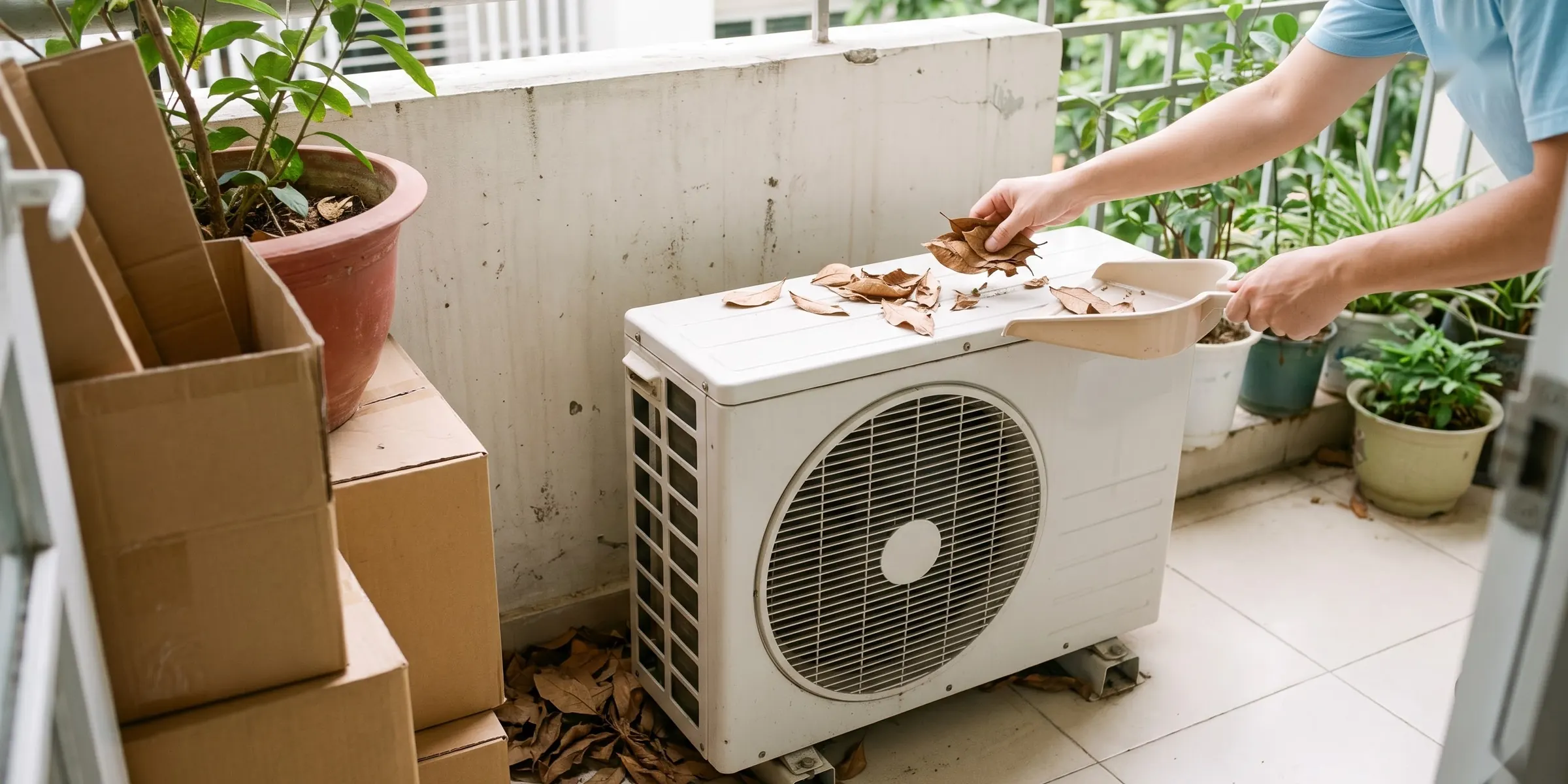 Nhặt lá khô trên nóc dàn nóng máy lạnh đặt ngoài ban công