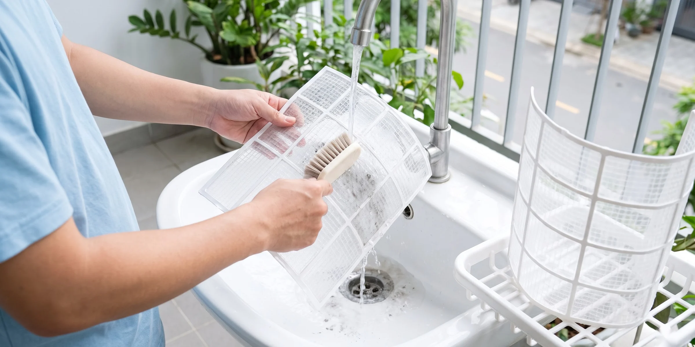 Chải lưới lọc máy lạnh dưới vòi nước nhẹ, một lưới đã rửa để ráo trên giá trong bóng râm