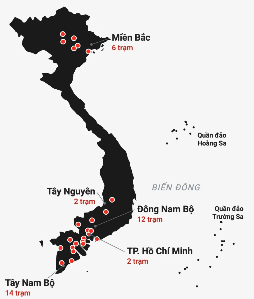 Bản đồ 24 tỉnh, thành phố có trạm dịch vụ (36 trạm) ở TP. Hồ Chí Minh, Đông Nam Bộ, Tây Nam Bộ, Tây Nguyên và miền Bắc; có quần đảo Hoàng Sa và Trường Sa
