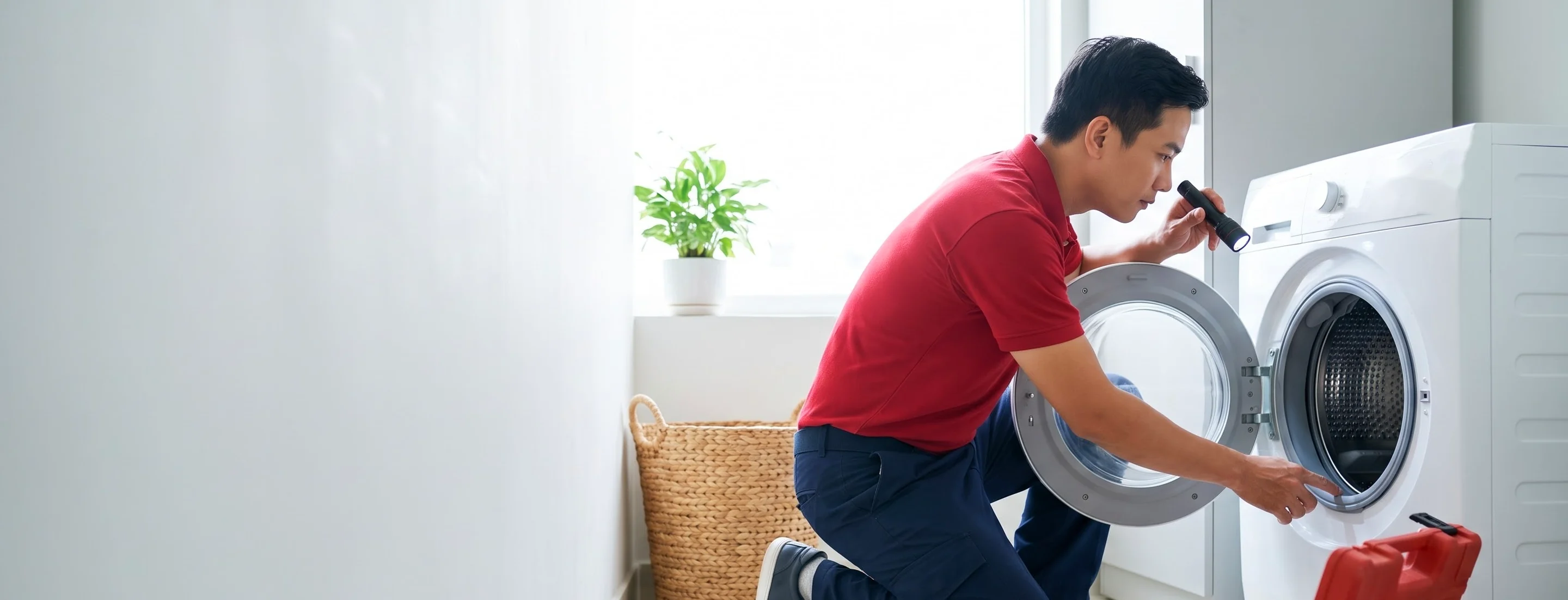 Thợ soi đèn pin kiểm tra gioăng cửa máy giặt cửa trước