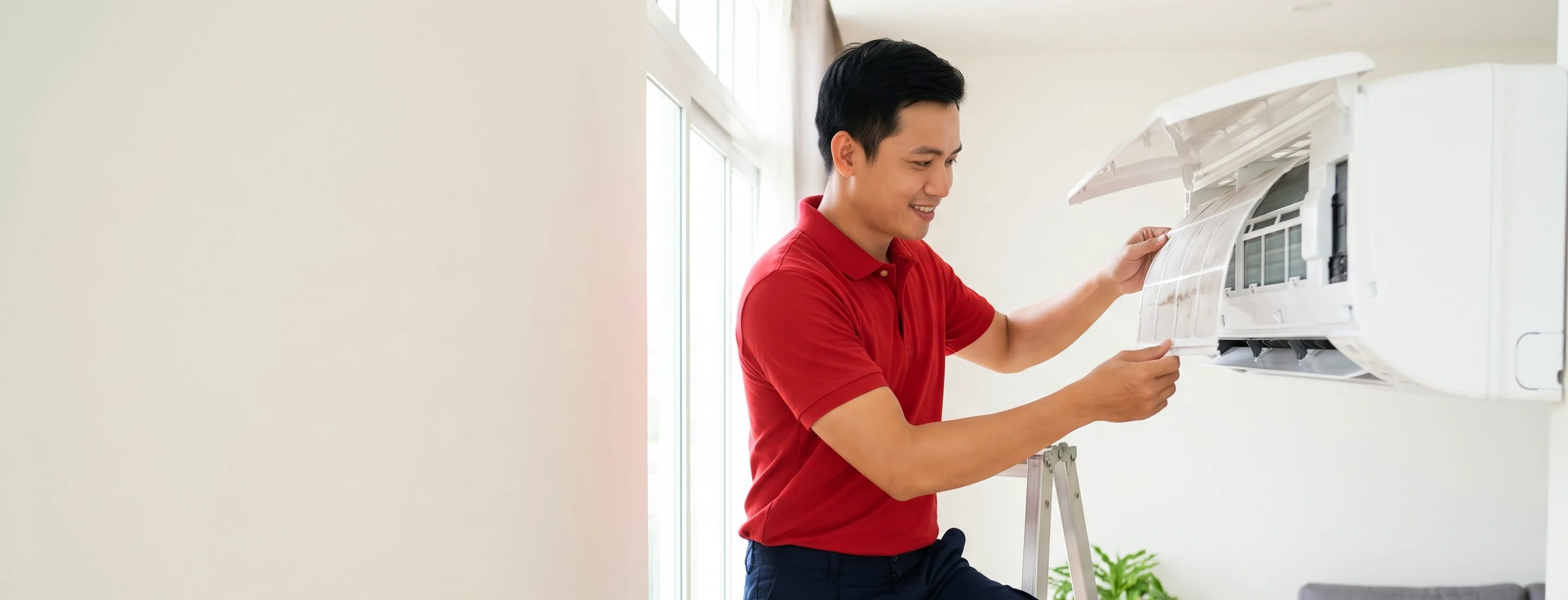 Thợ tháo lưới lọc máy lạnh treo tường để vệ sinh trong phòng khách