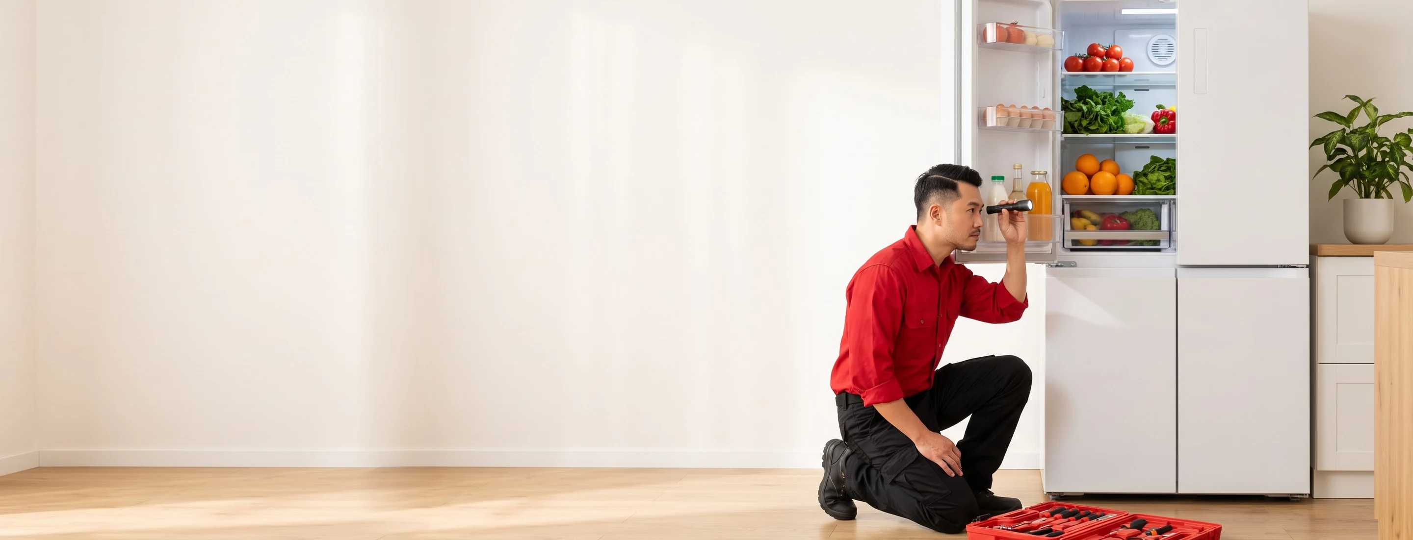 Thợ dùng đồng hồ đo kiểm tra tủ lạnh nhiều cánh trong bếp gia đình