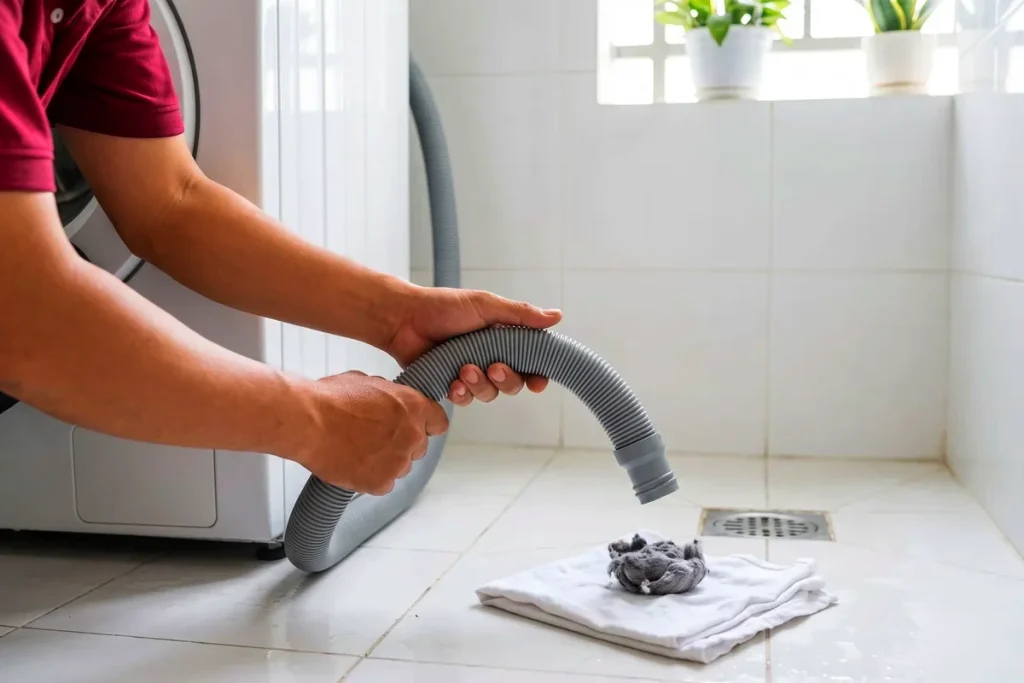 Ống xả máy giặt và cục xơ vải lấy ra từ chỗ tắc