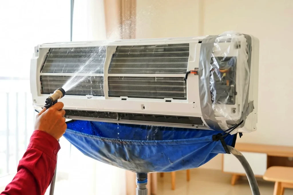Xịt rửa lá nhôm dàn lạnh; hộp điện ở đầu dàn đã bọc kín nilon, túi bạt hứng nước bẩn bên dưới