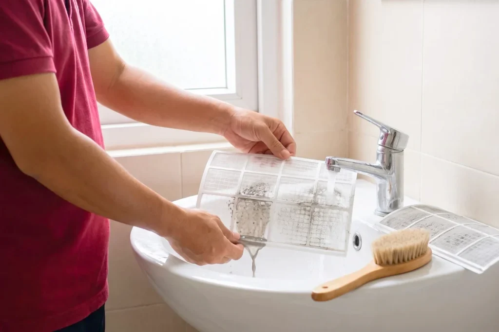Rửa lưới lọc bụi máy lạnh dưới vòi nước