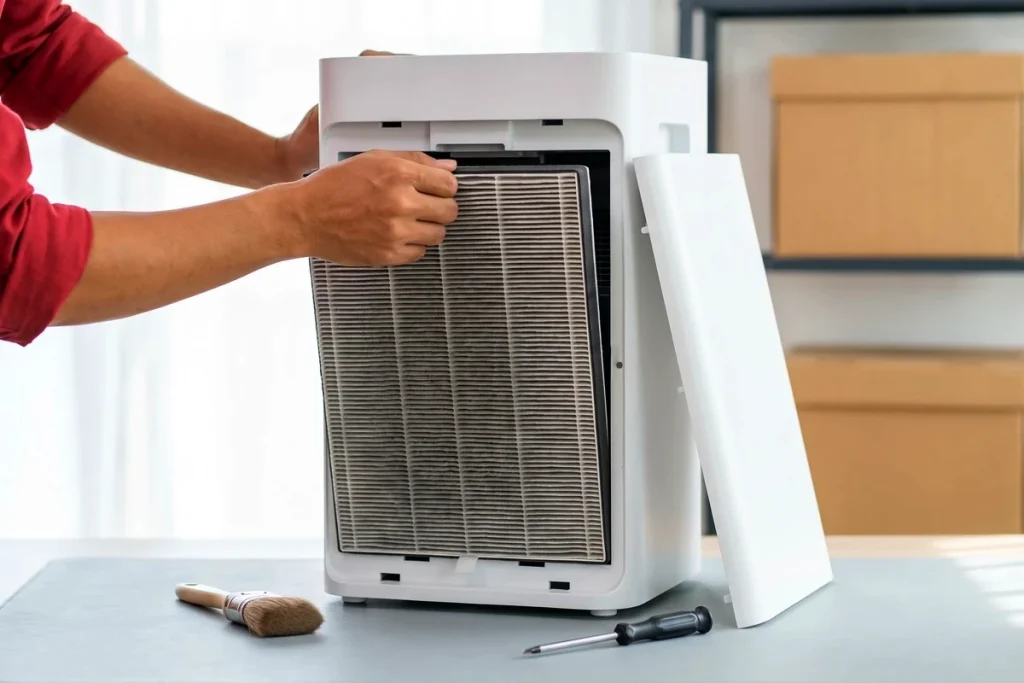Nhấc tấm lọc xếp nếp bám bụi xám khỏi máy lọc không khí dạng tháp trên bàn kỹ thuật
