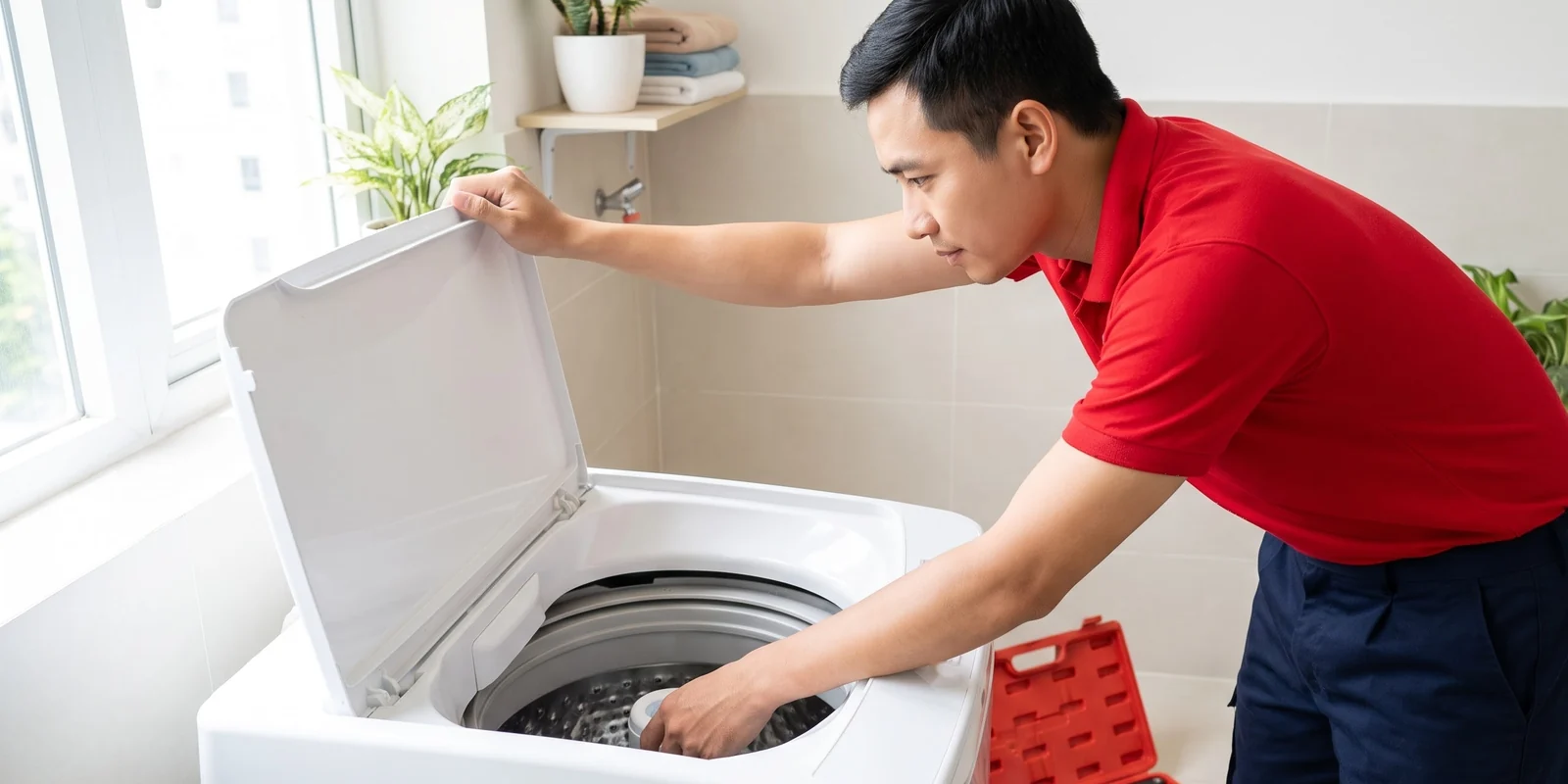 Nâng nắp máy giặt cửa trên, đưa tay vào lồng kiểm tra; hộp đồ nghề mở dưới sàn