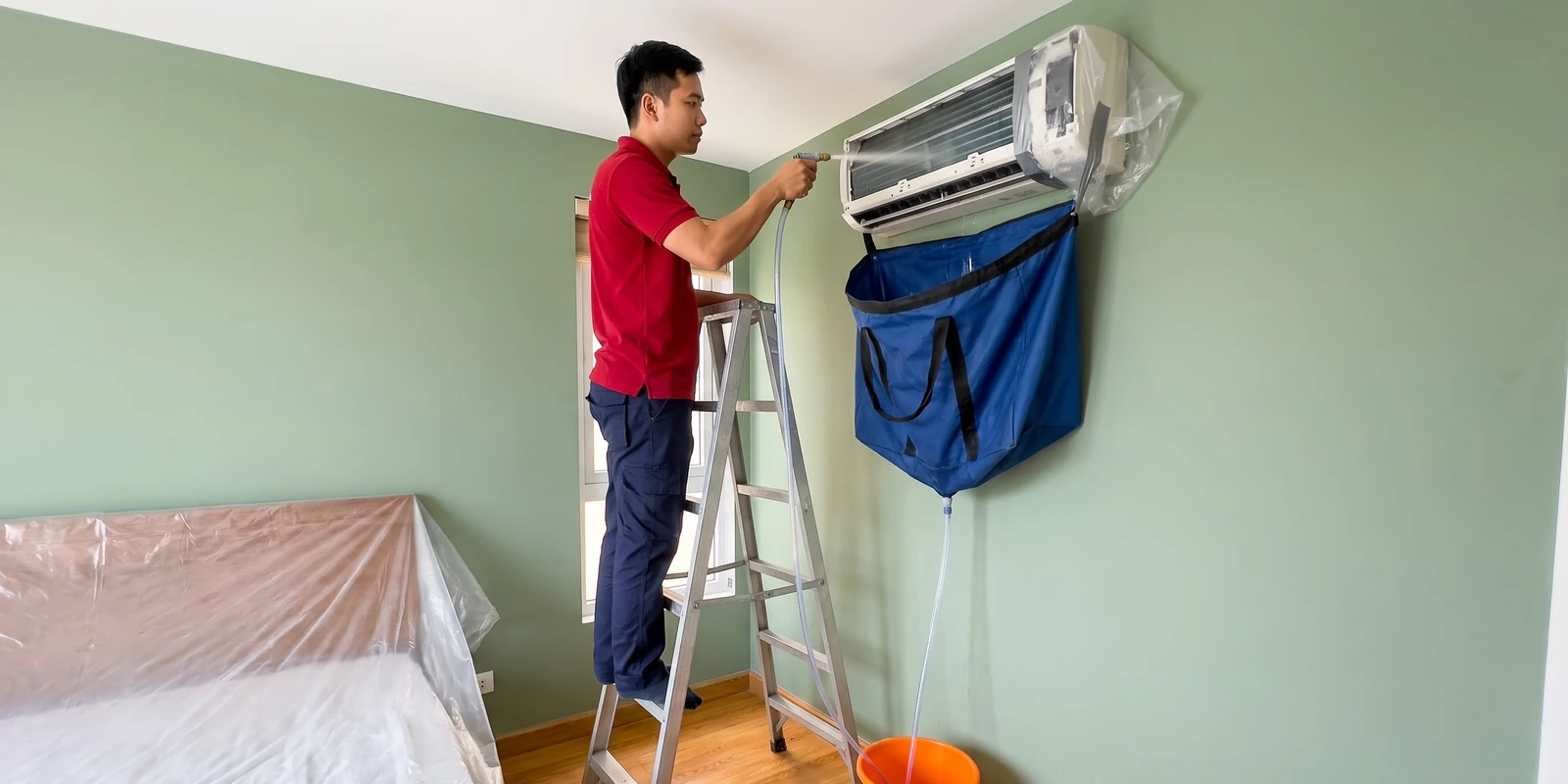 Đứng thang xịt rửa dàn lạnh đã tháo mặt nạ; đầu dàn chứa hộp điện bọc kín nilon, túi bạt hứng nước bẩn nối ống xuống xô, giường phủ nilon