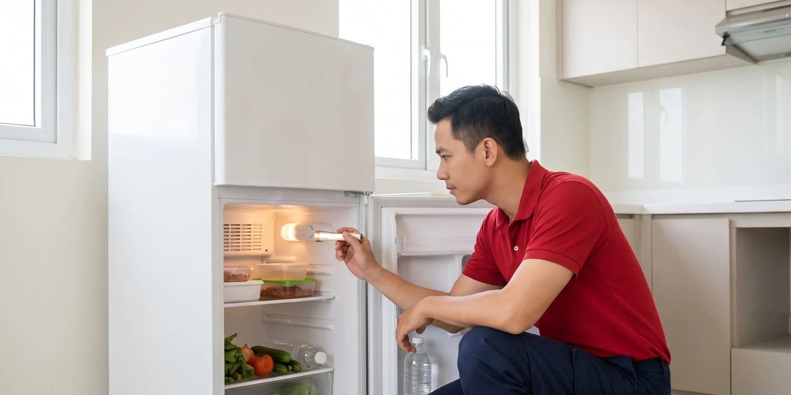 Ngồi xổm soi đèn pin vào khe gió ngăn mát tủ lạnh hai cánh đang mở cửa dưới