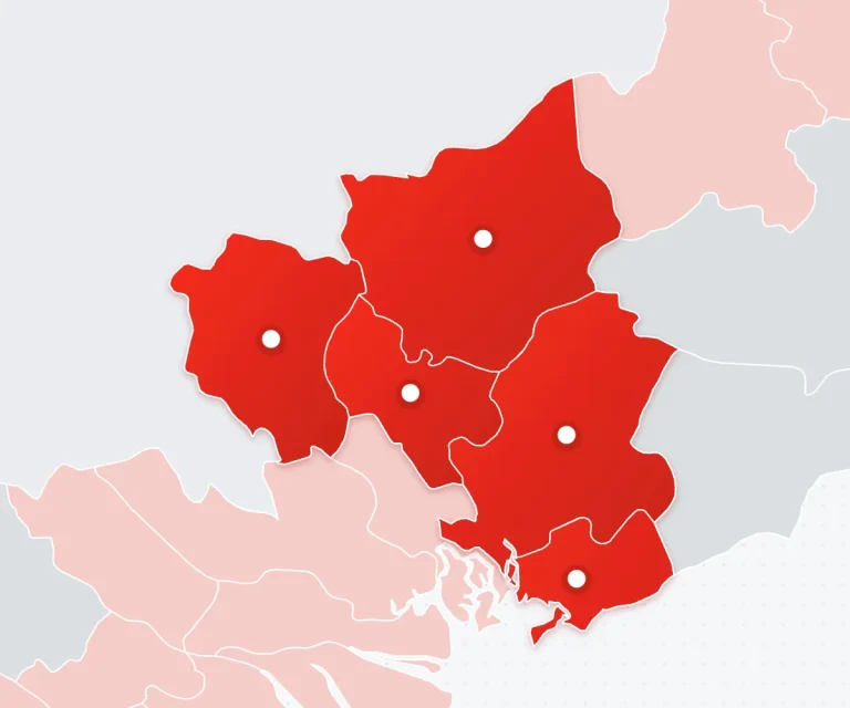 Sơ đồ minh hoạ Đông Nam Bộ, tô đỏ Bình Dương, Đồng Nai, Bà Rịa – Vũng Tàu, Bình Phước và Tây Ninh