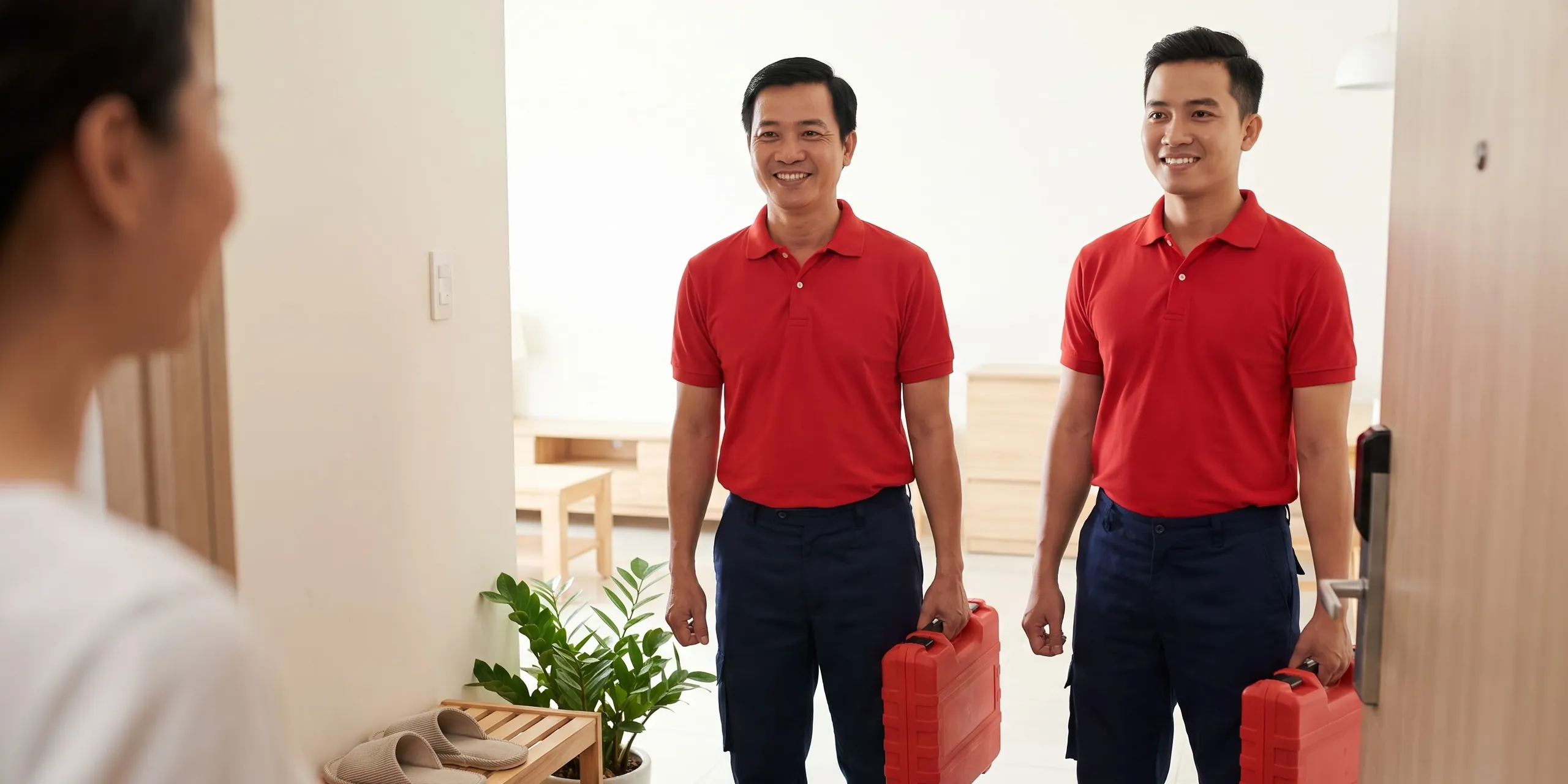 Hai thợ áo đỏ xách hộp đồ nghề, cười chào chủ nhà ở cửa căn hộ